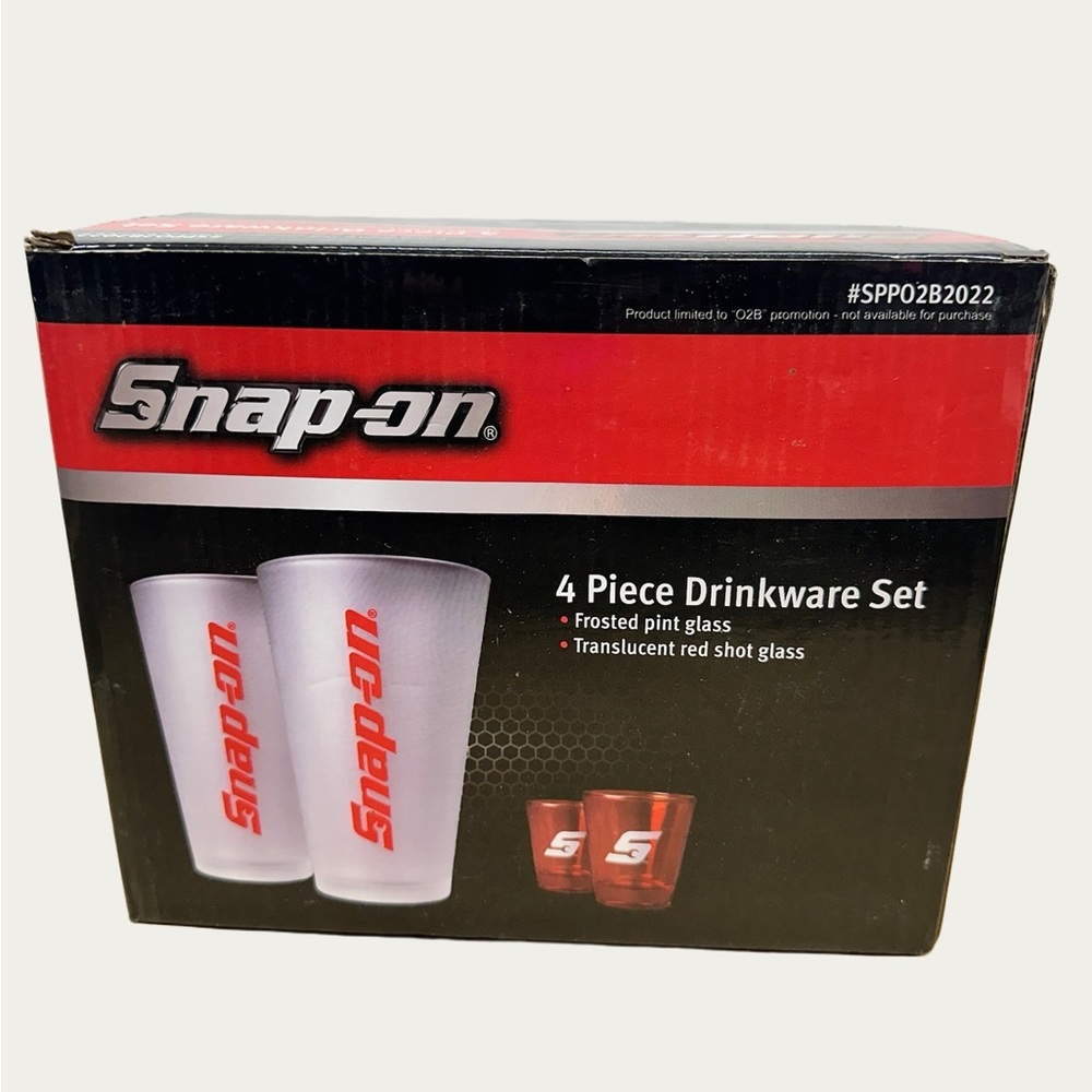 Snap-on 4 pc Drinkware Set - 2 Frosted Pint Glasss & 2 Red Shot Glasses NIB
